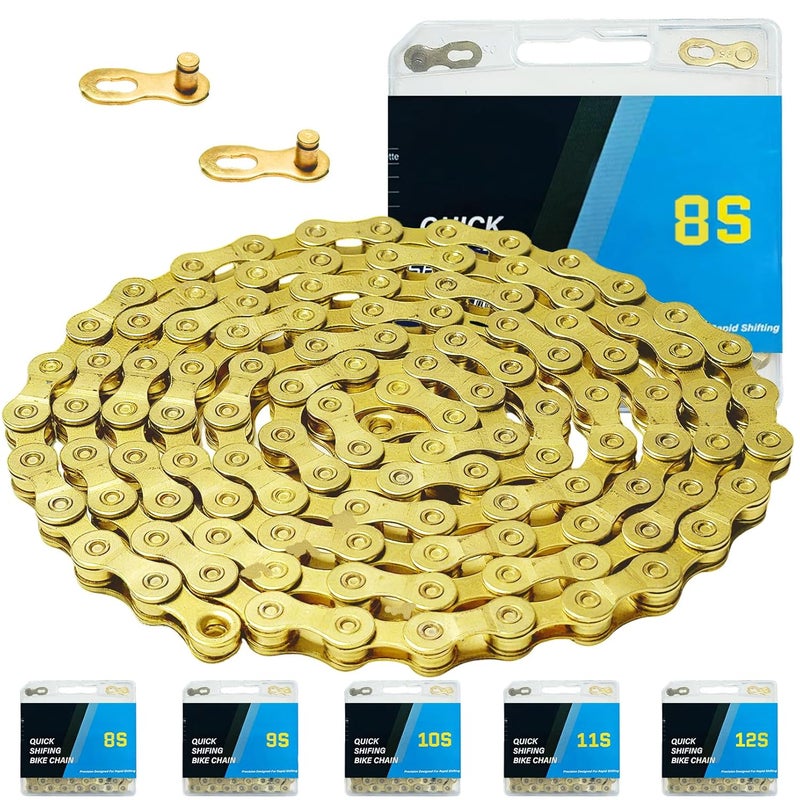 RainFlowwer 6/7/8/9/10/11/12 Speed Bike Chain – High-Strength, Durable & Smooth-Shifting for Road/Mountain Bikes (Gold-6/7/8-Speed) - Image 1